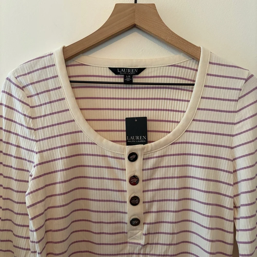 Lauren Ralph Lauren Long Sleeve Striped Henley Top in Mascarpone Cream